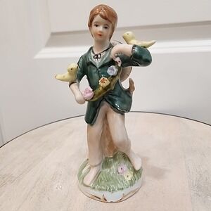 VTG Cottagecore Hand Painted Spring Boy Birds Flowers Barefoot Outdoor Figurine